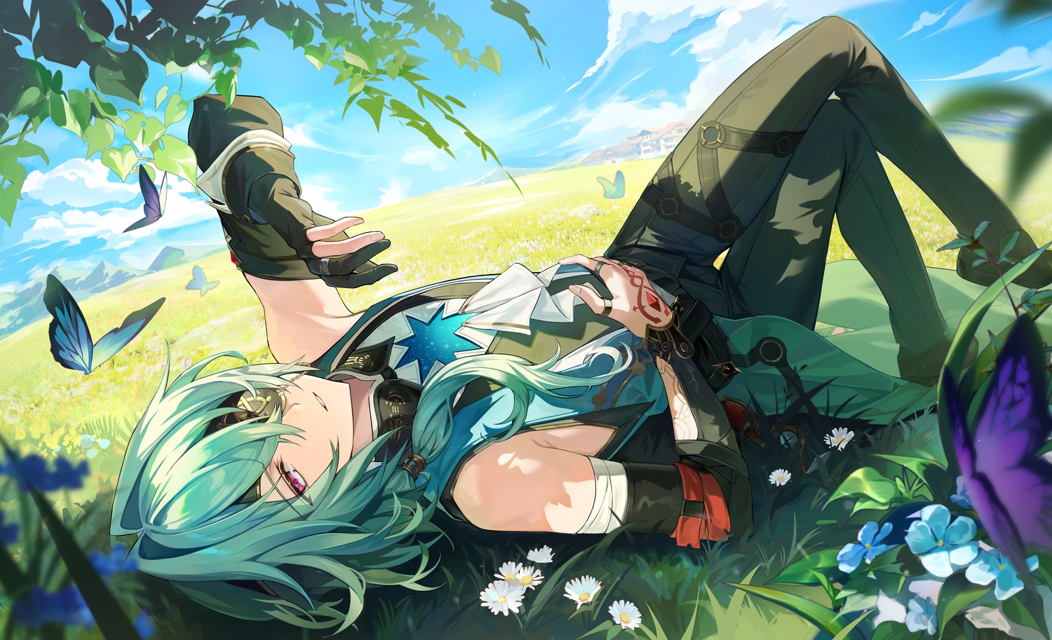 aliasing, all_male, anaxa_(honkai:_star_rail), bandage, building, butterfly, clouds, eyepatch