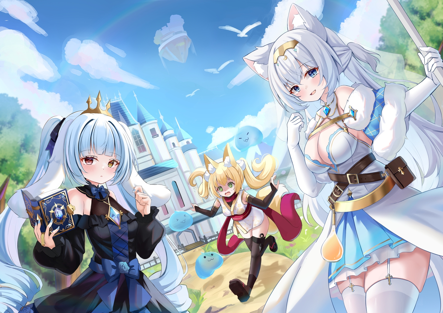 animal_ears, bicolored_eyes, blonde_hair, blue_eyes, blush, book, bow, breasts
