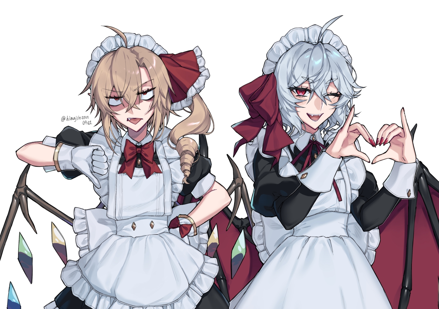 2girls, apron, blonde_hair, dress, fang, flandre_scarlet, gloves, gray_hair, headdress, himadera, long_hair, maid, pointed_ears, ponytail, red_eyes, remilia_scarlet, short_hair, signed, sketch, touhou, vampire, white, wings