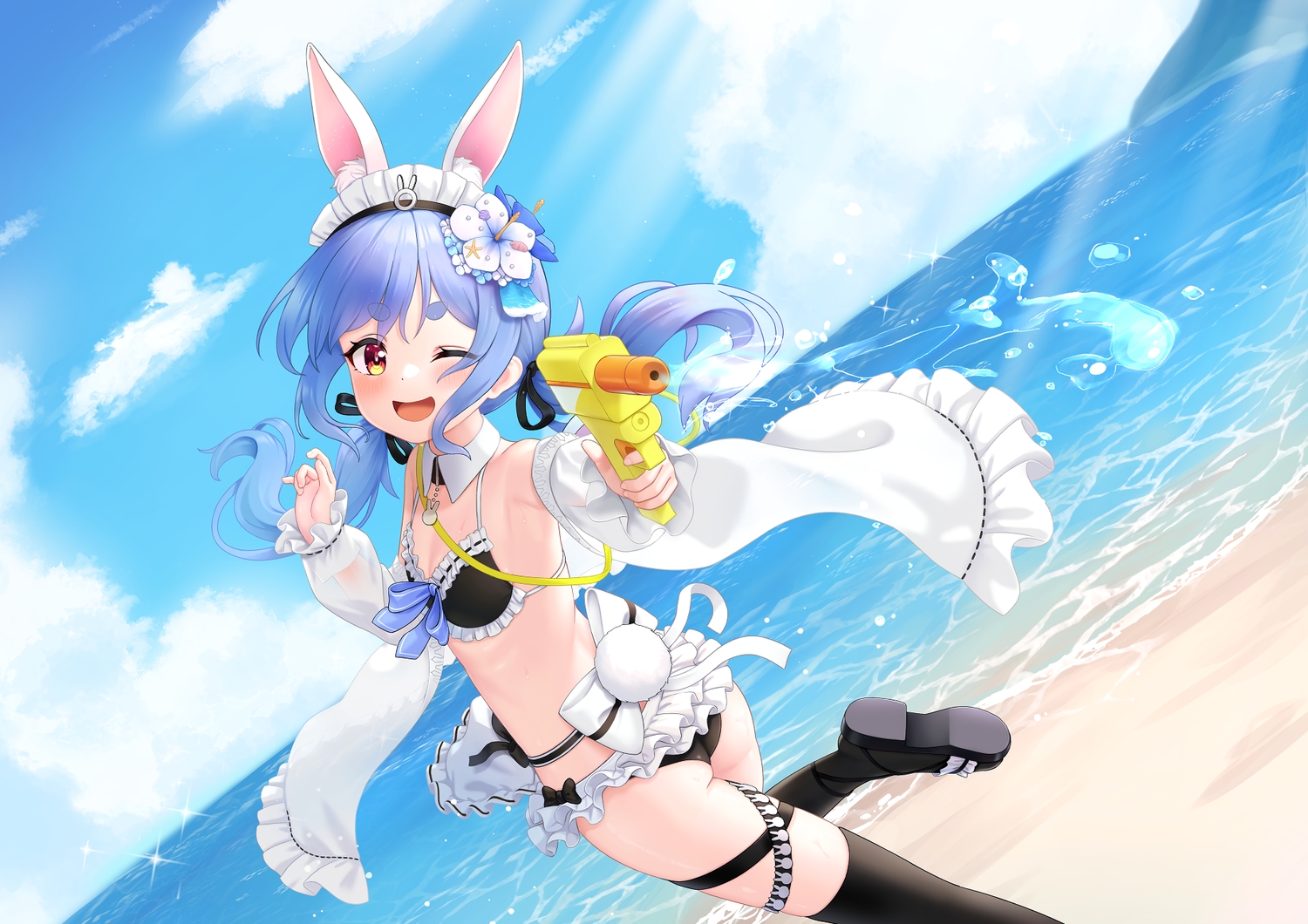 aliasing, animal_ears, apron, ass, beach, bikini, blue_hair, blush
