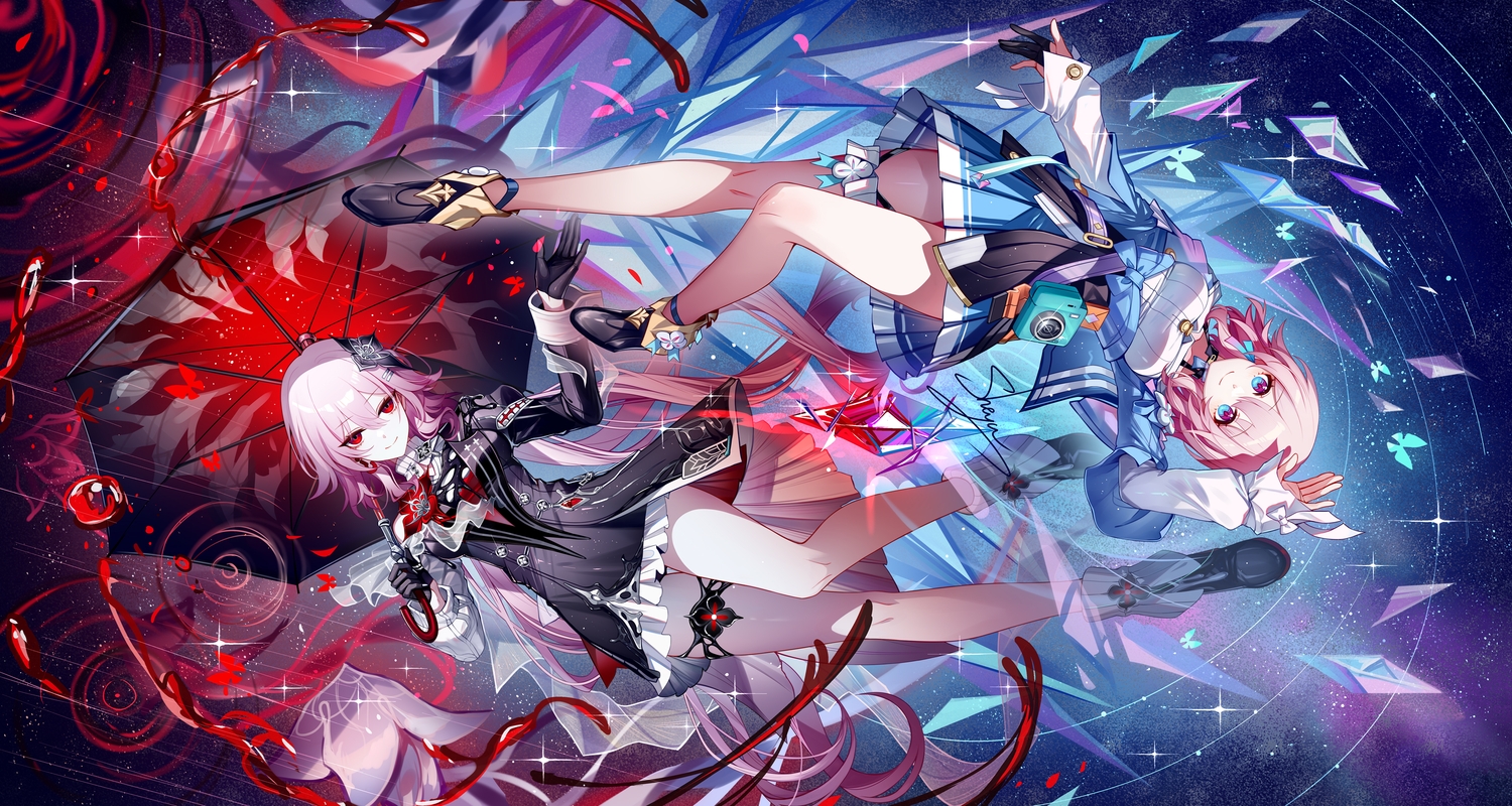 2girls, blood, boots, butterfly, camera, choker, dress, evernight_(honkai:_star_rail)