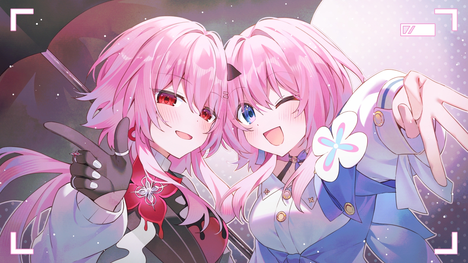 2girls, binato_lulu, blue_eyes, blush, camera, choker, close, evernight_(honkai:_star_rail)