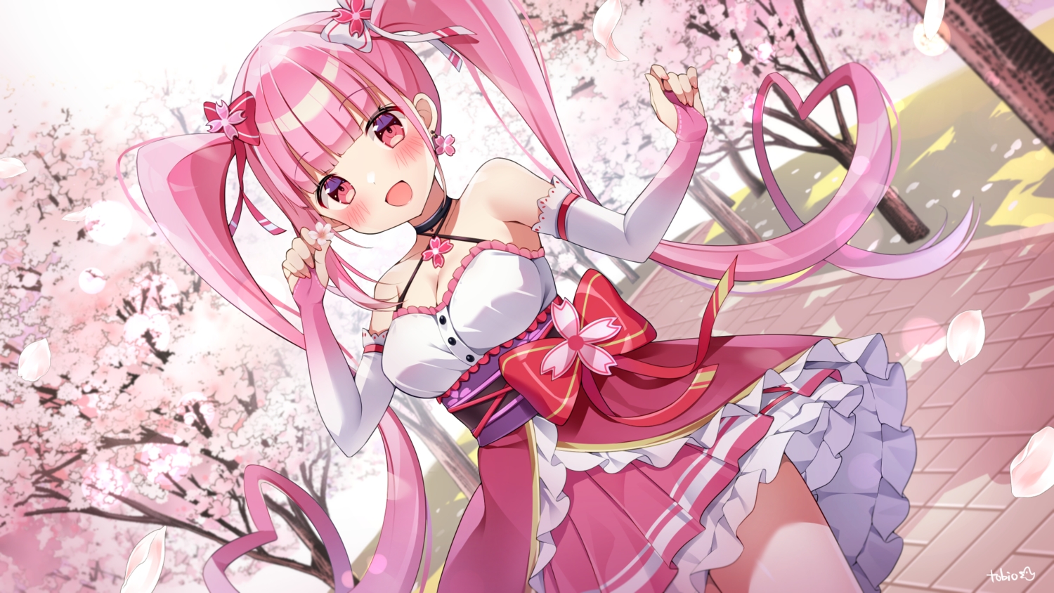 blush, bow, breasts, cherry_blossoms, choker, cleavage, dress, elbow_gloves