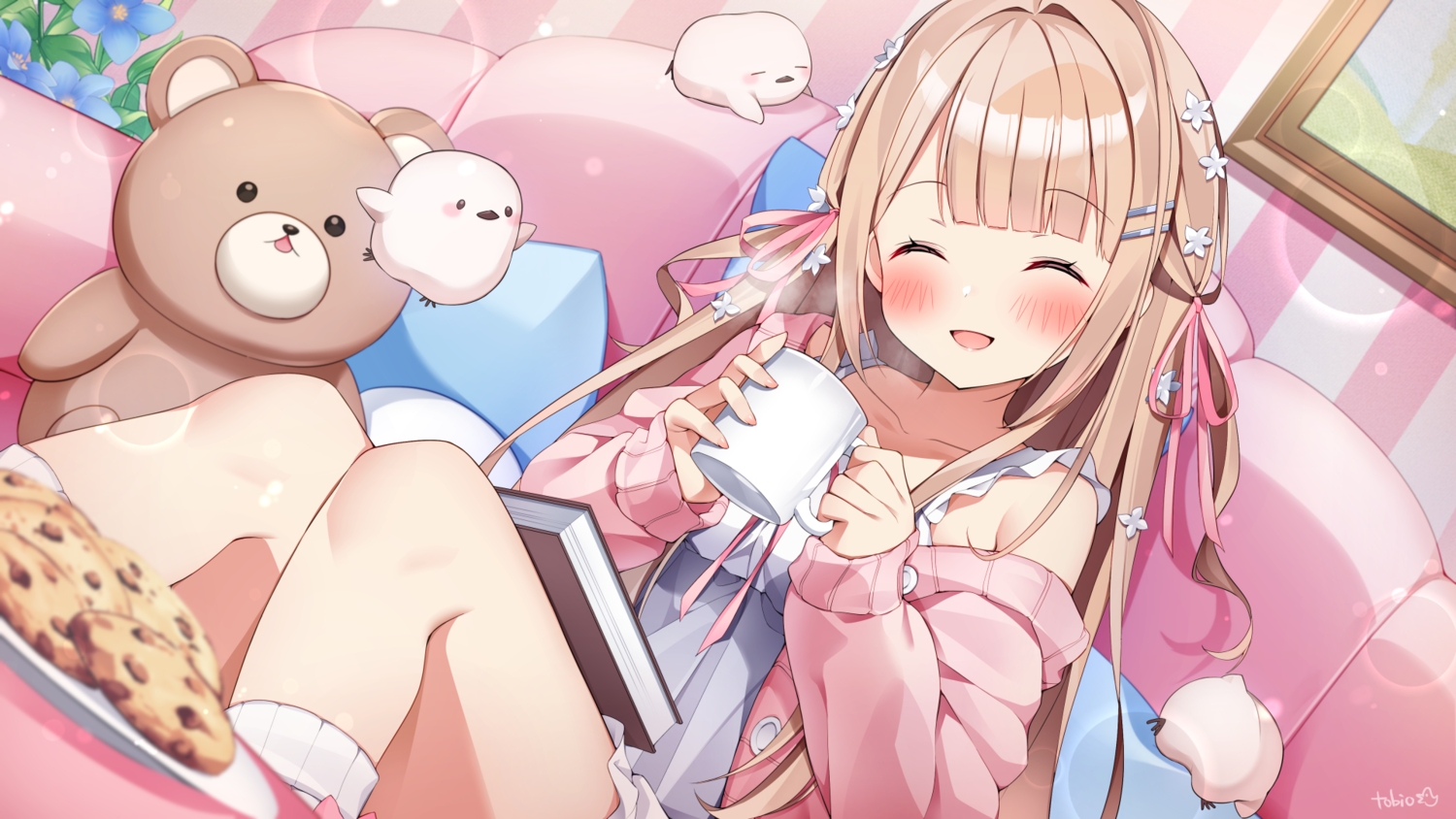 animal, bird, blonde_hair, blush, book, bow, couch, drink