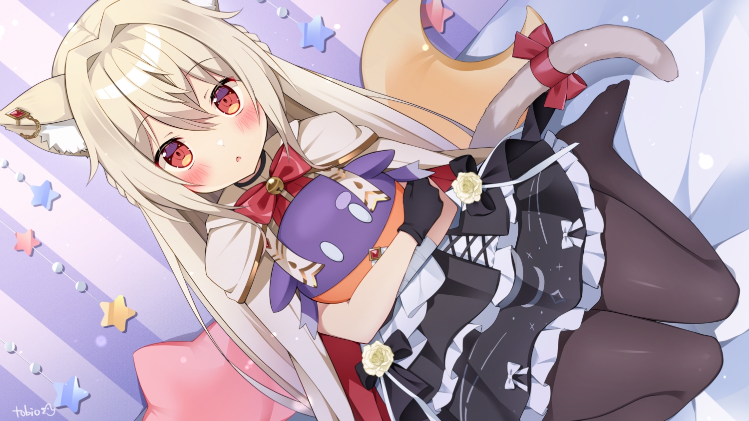 animal_ears, bandage, bed, blonde_hair, blush, bow, braids, cape