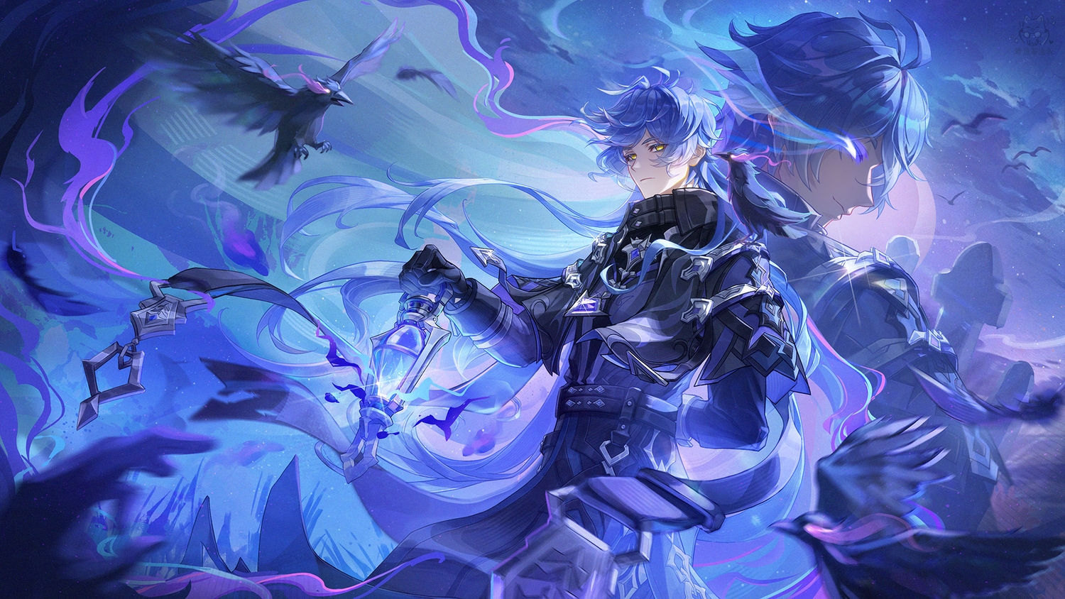 all_male, animal, bird, blue, blue_hair, clouds, flins_(genshin_impact), genshin_impact