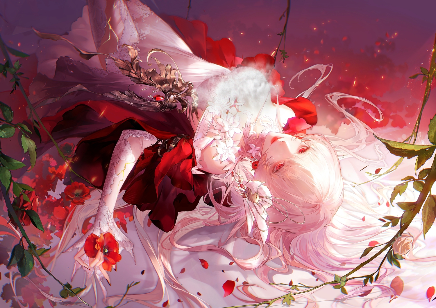 blonde_hair, coquelic_(path_to_nowhere), dress, flowers, leaves, long_hair, path_to_nowhere, petals, qingci, red_eyes