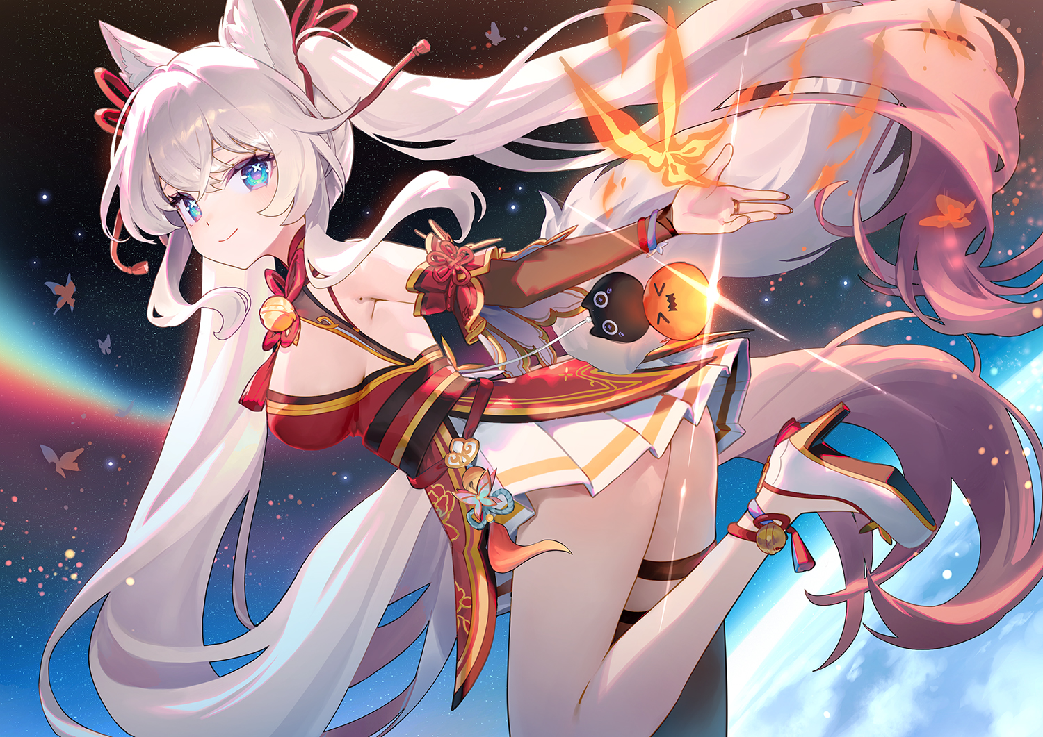 ainy77, animal_ears, aqua_eyes, bell, breasts, butterfly, dress, earth