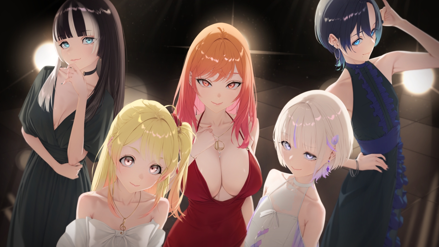 black_hair, blonde_hair, blue_eyes, bow, breasts, choker, cleavage, dress