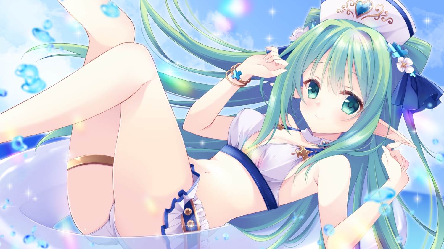 ass, bikini, bow, cecile_leica_engel_berglund, choker, clouds, cross, garter, green_eyes, green_hair, headdress, iris_mysteria!, long_hair, navel, pointed_ears, shizuki_ayame, skirt, sky, swim_ring, swimsuit, water, wristwear