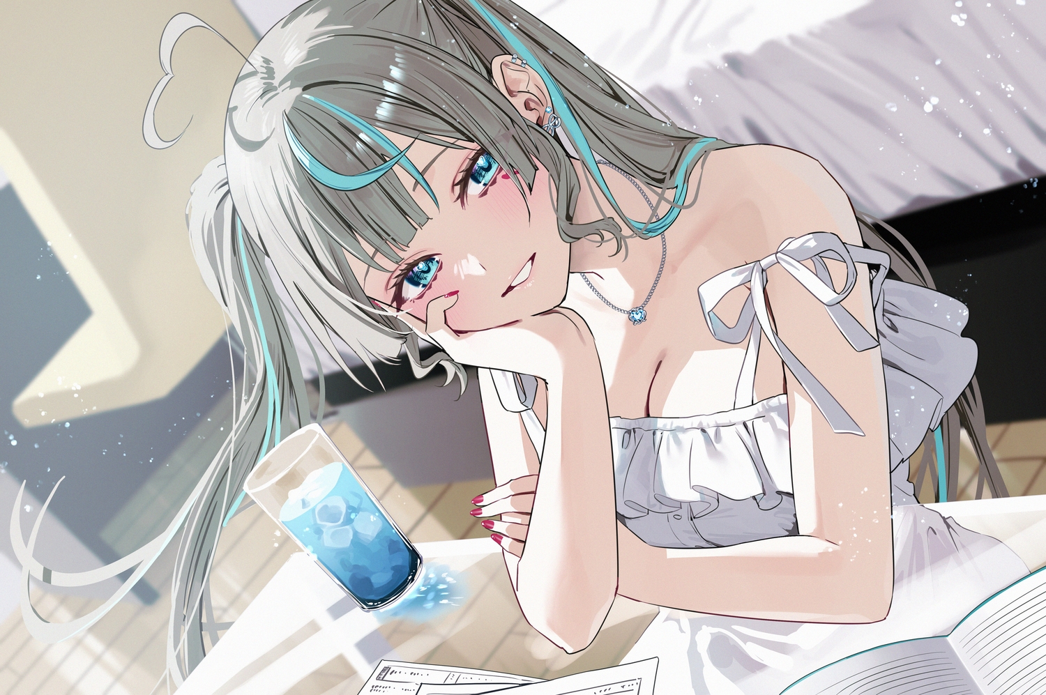 amau_syrup, aqua_eyes, bed, blush, book, breasts, chigusa_minori, cleavage