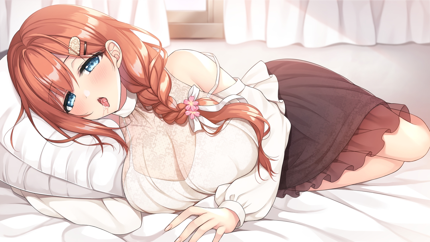 bed, blue_eyes, blush, braids, breasts, brown_hair, cleavage, imouto_(ane)_wa_ani_(otouto)_no_seiheki_o_yugamasetai!, kumami_satsuki, long_hair, ringo_sui, see_through