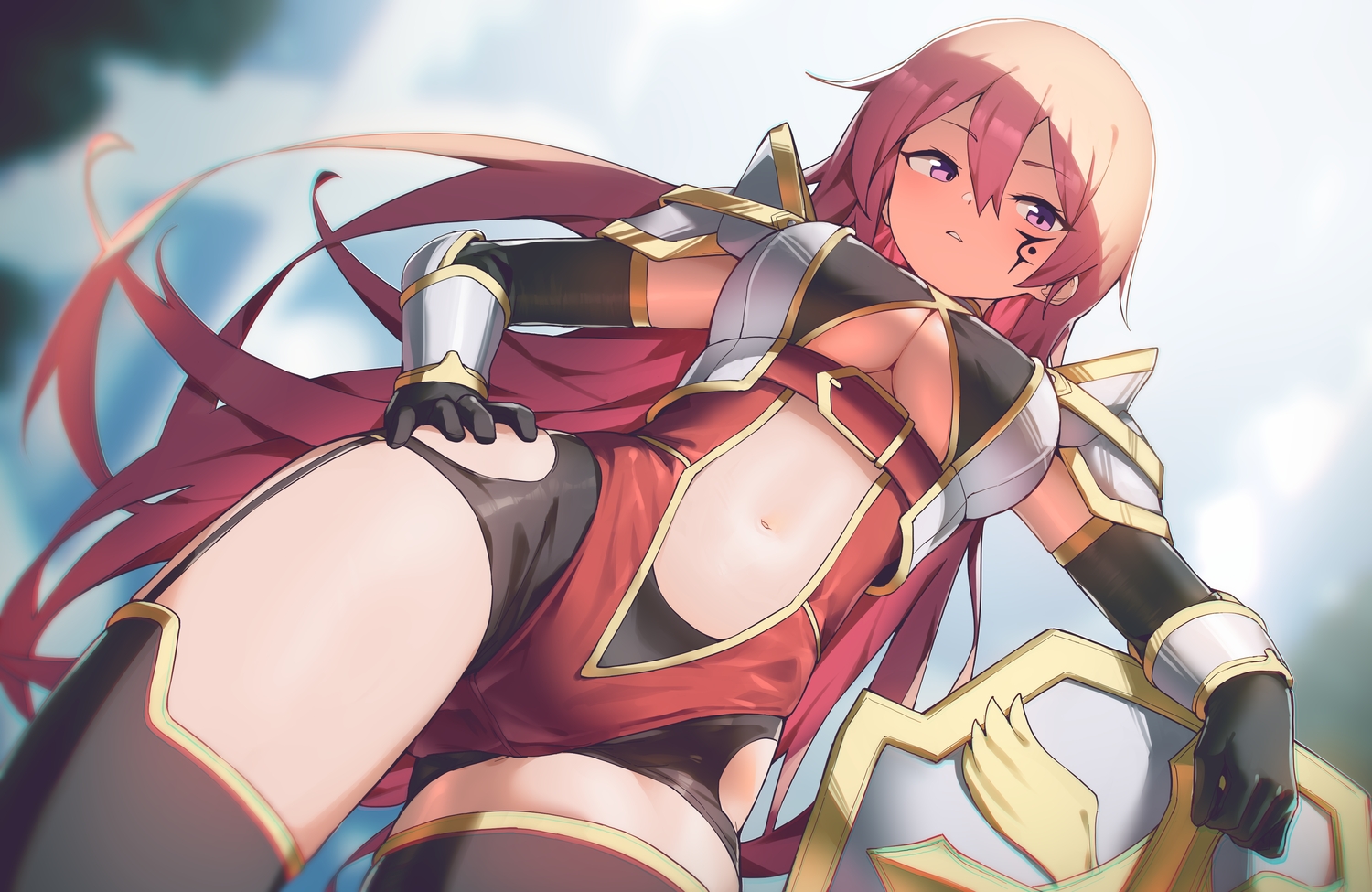 armor, breasts, elbow_gloves, garter_belt, gloves, hoplitx, leotard, long_hair