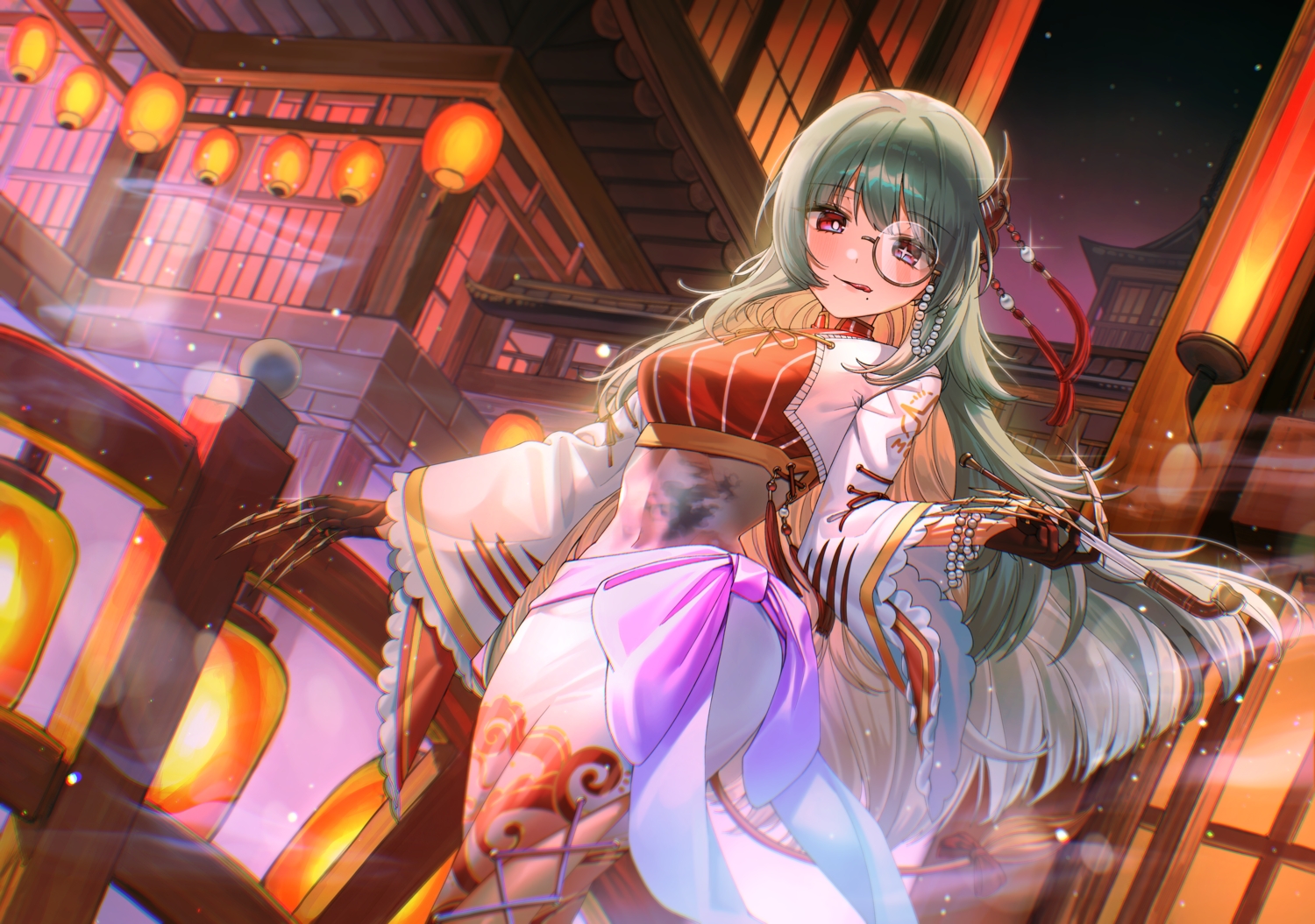 blush, bow, building, glasses, gloves, green_hair, long_hair, night, original, red_eyes, skirt, sky, smoking, wristwear, yachae_(yachae1710)