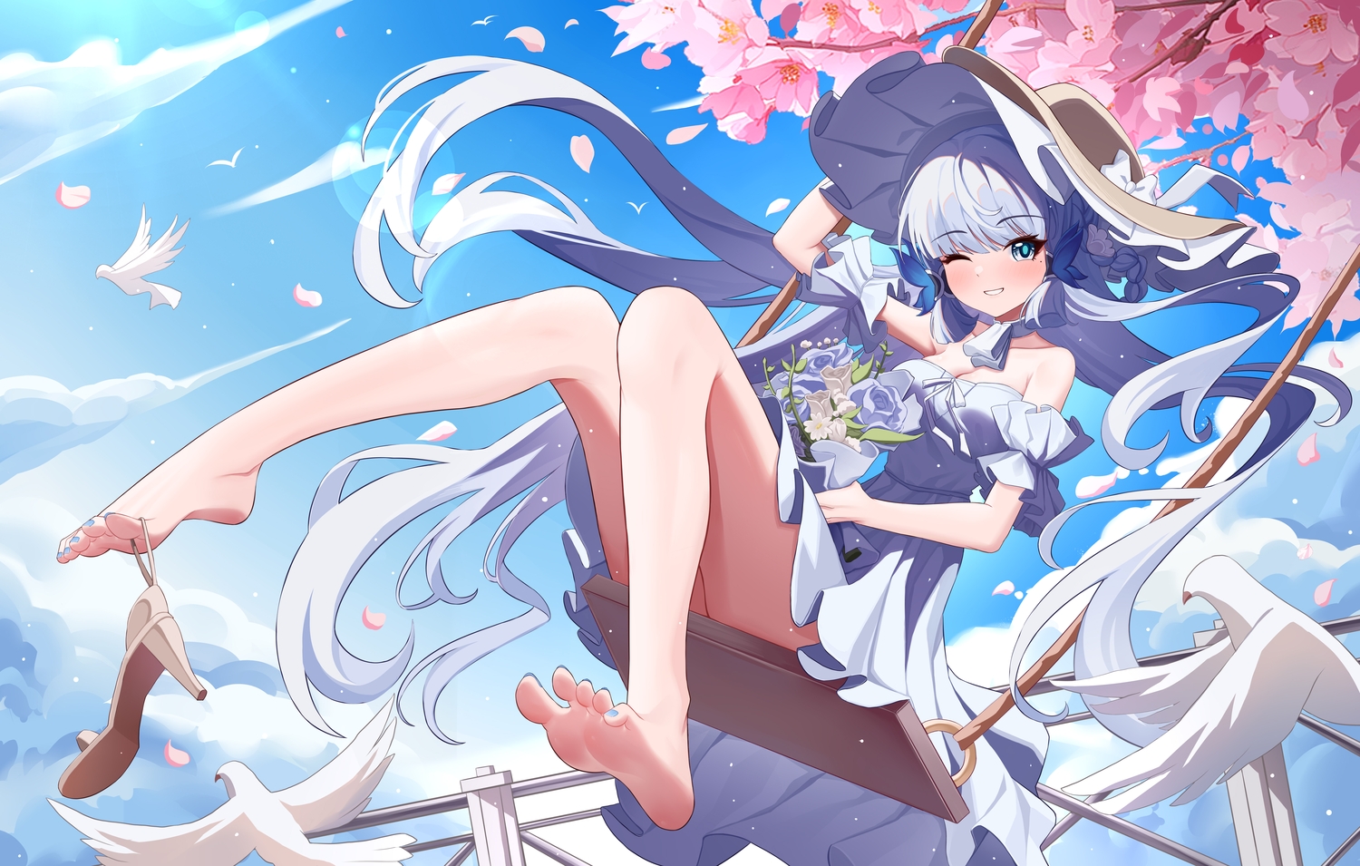 aichinaigai, animal, barefoot, bird, blush, bow, breasts, cherry_blossoms