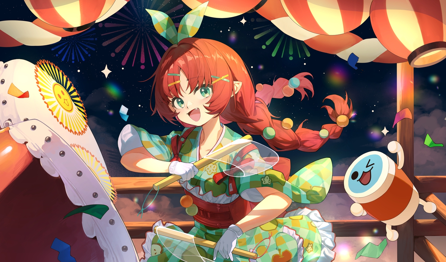 arknights, azema, blush, braids, crossover, drums, fang, festival, gloves, green_eyes, instrument, japanese_clothes, long_hair, myrtle_(arknights), night, pointed_ears, red_hair, sky, stars, summer, taiko_no_tatsujin, twintails, wada_don, yukata