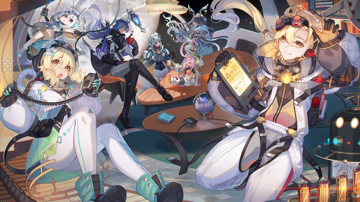 aether_(genshin_impact), aino_(genshin_impact), black_eyes, black_hair, blonde_hair, blue_eyes, blue_hair, bodysuit