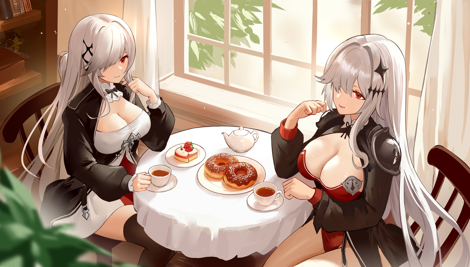 2girls, anthropomorphism, armor, azur_lane, book, bow, breasts, cake