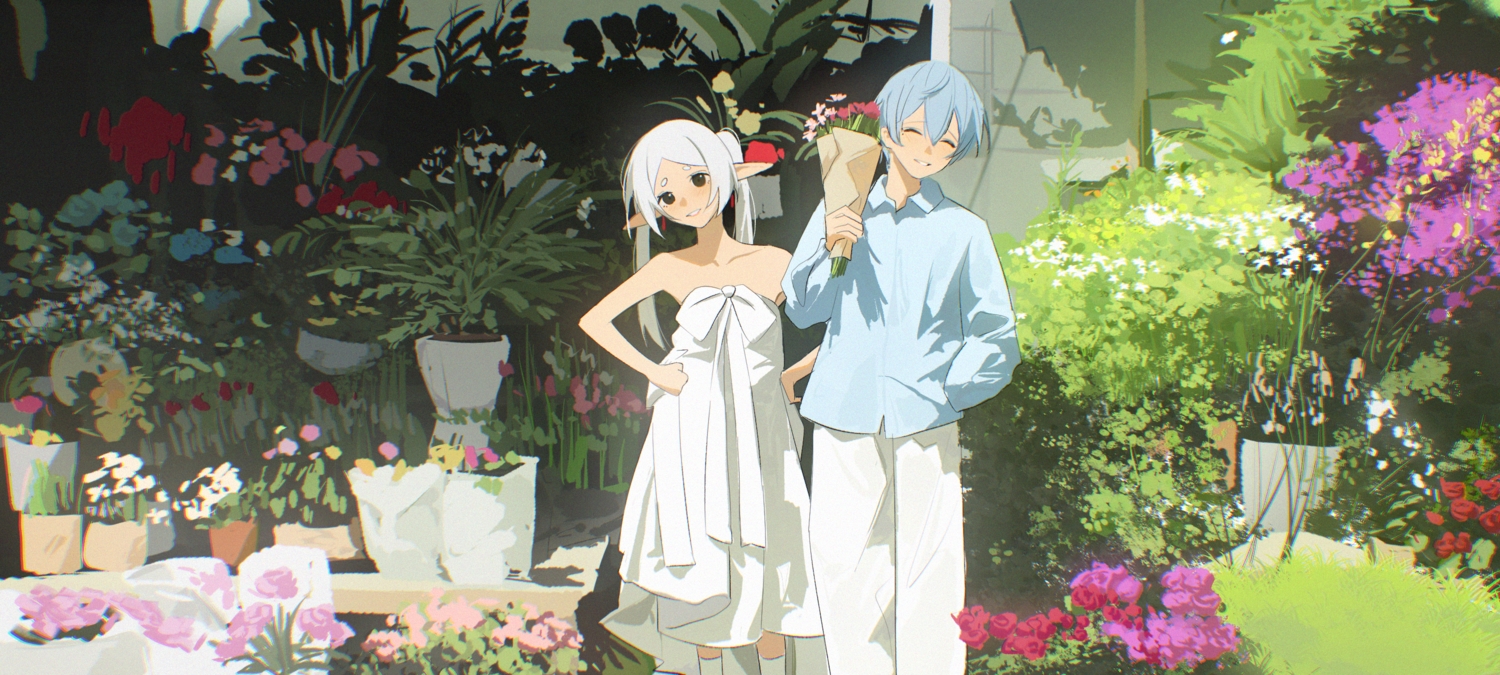 black_eyes, blue_hair, blush, bow, dress, flowers, frieren, grass