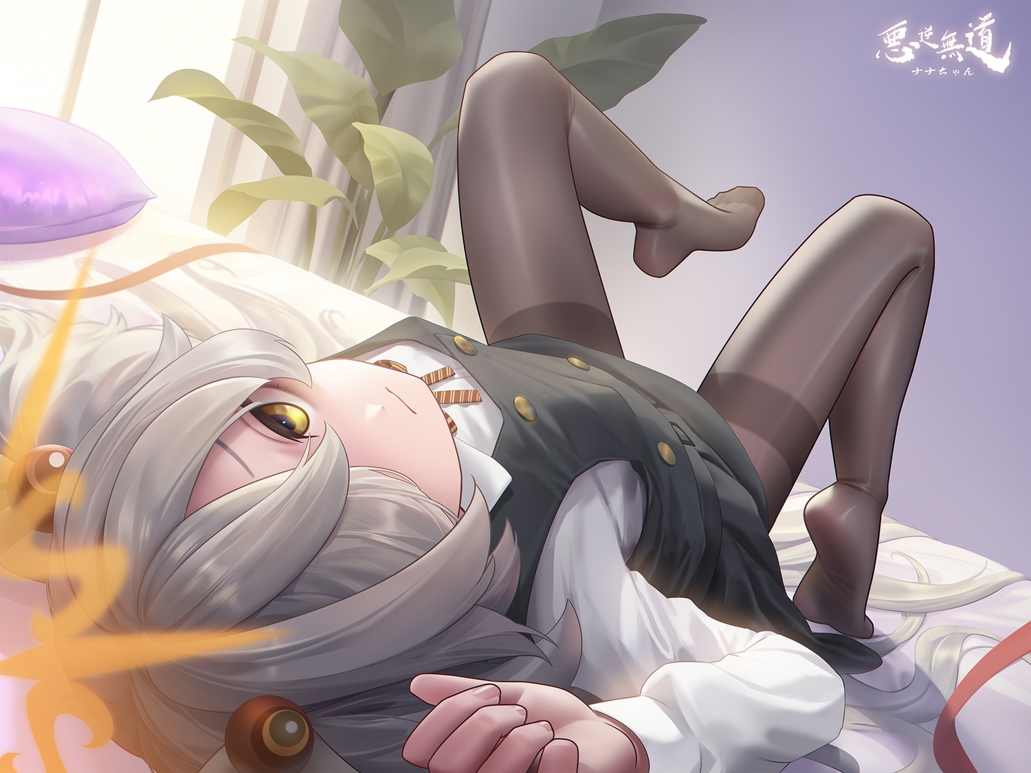 bed, blue_archive, bow, close, dress, gray_hair, halo, itagaki_kanoe, leaves, loli, long_hair, pantyhose, sarena, school_uniform, shirt, twintails, yellow_eyes