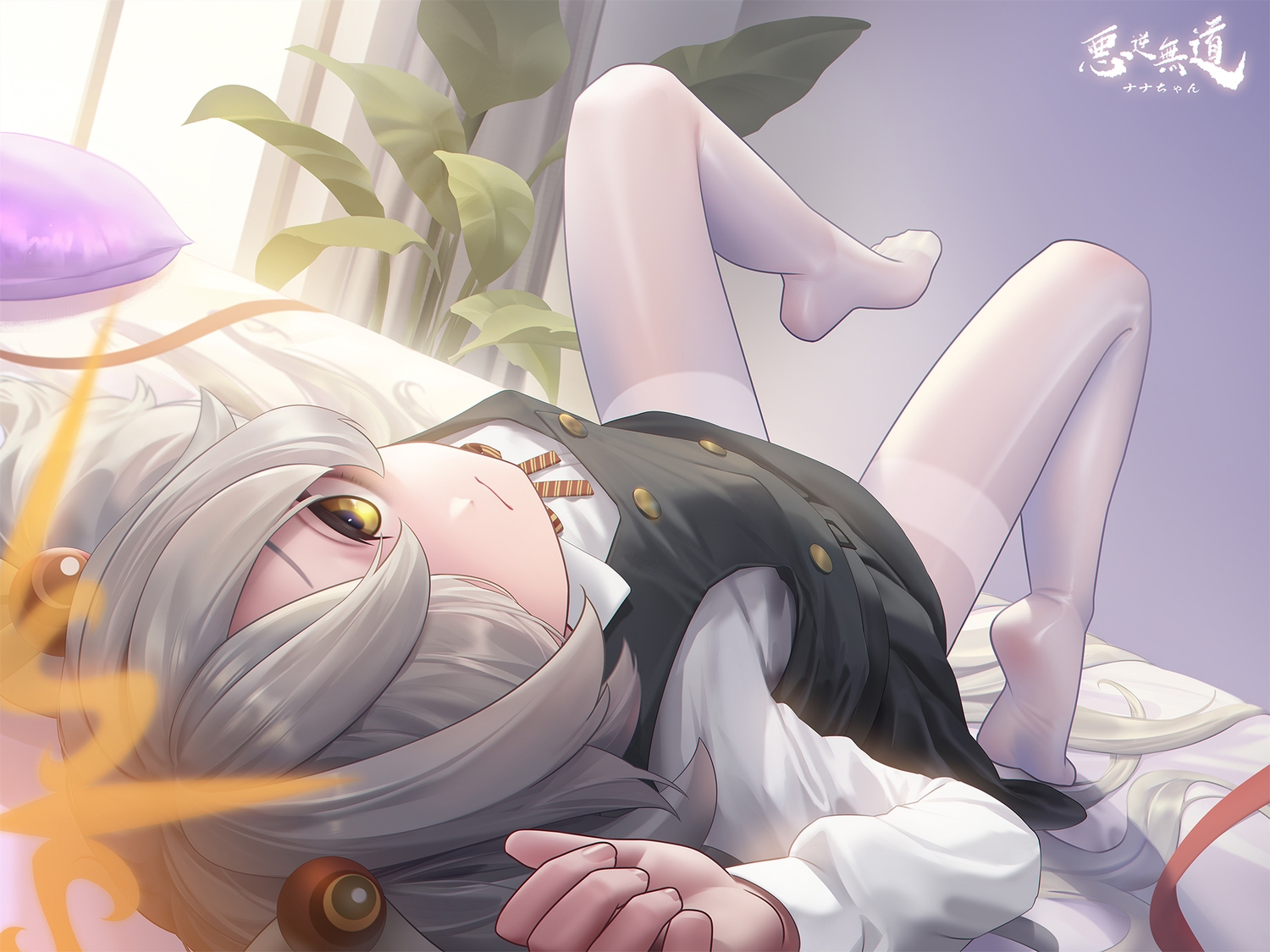 bed, blue_archive, bow, close, dress, gray_hair, halo, itagaki_kanoe, leaves, loli, long_hair, pantyhose, sarena, school_uniform, shirt, twintails, yellow_eyes