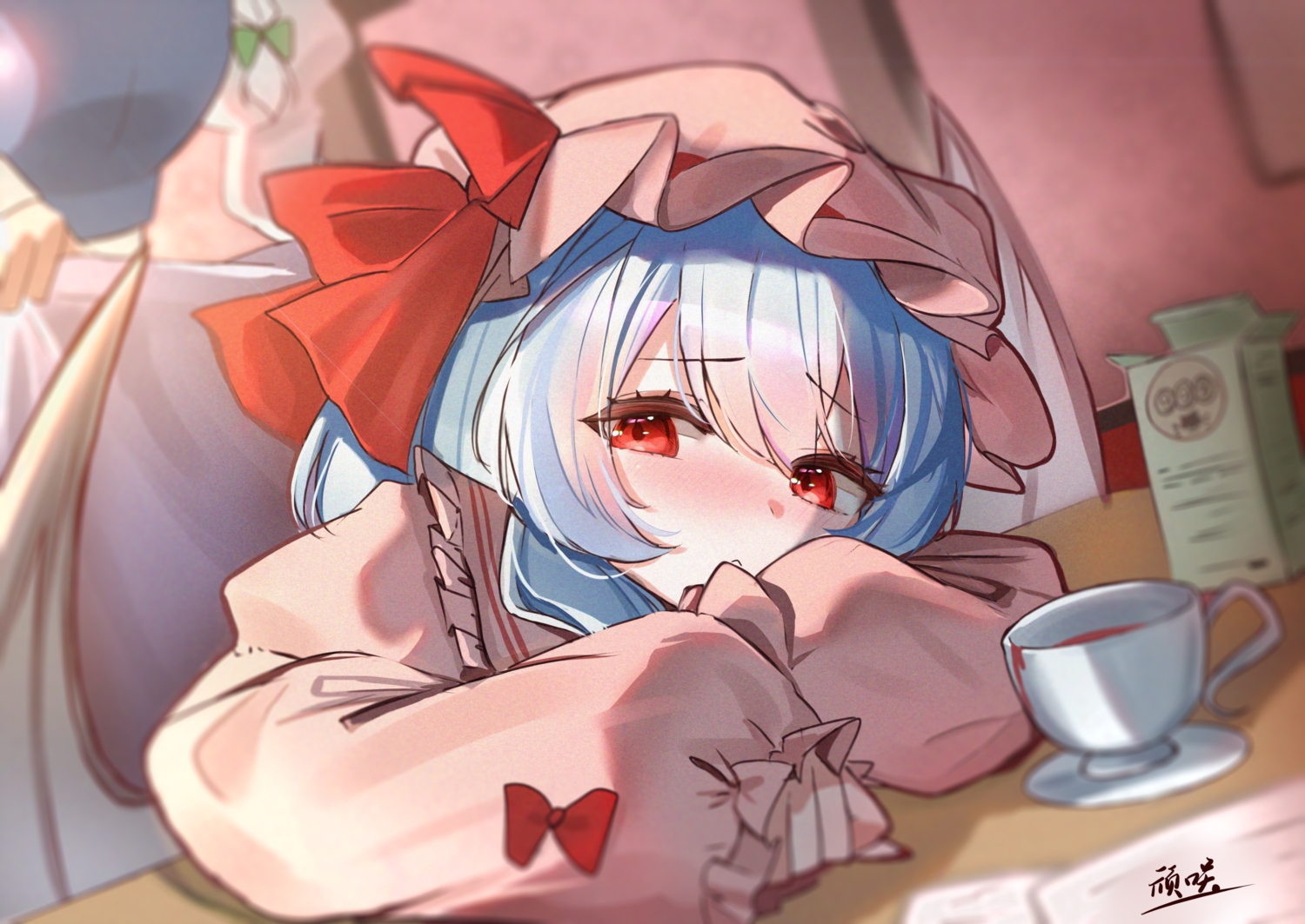 2091966, 2girls, blood, blue_hair, blush, bow, close, drink