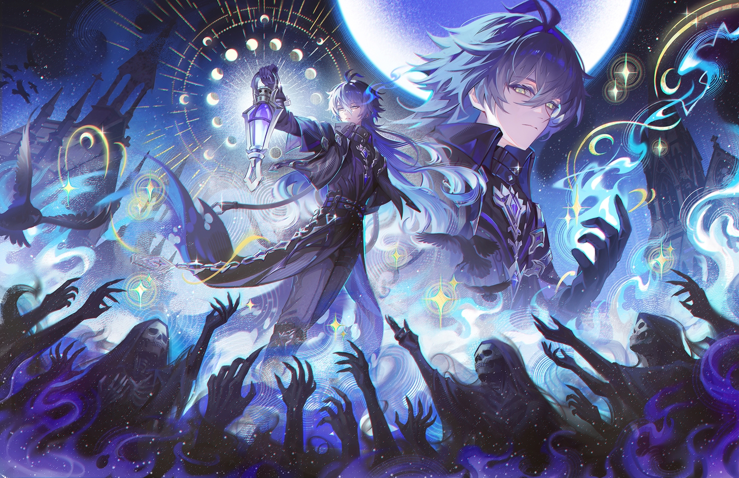 all_male, animal, bird, blue, blue_hair, bones, building, flins_(genshin_impact)