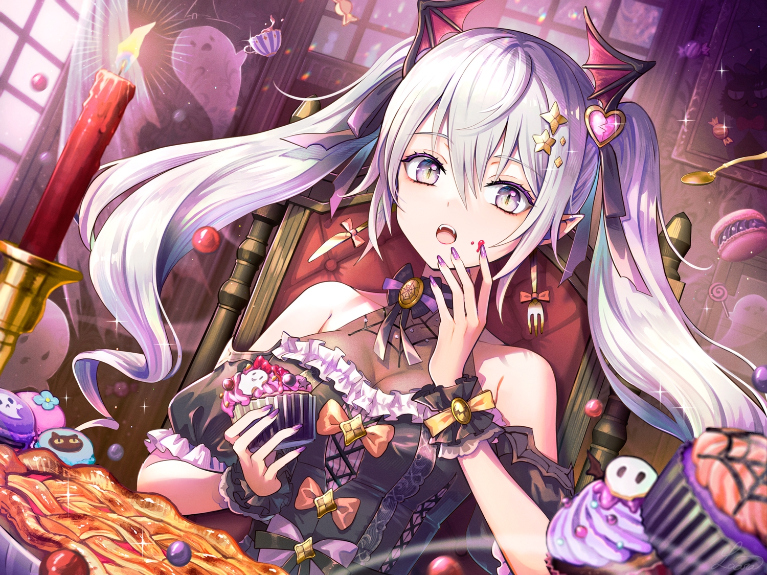 bow, breasts, cake, candy, cleavage, drink, fang, food