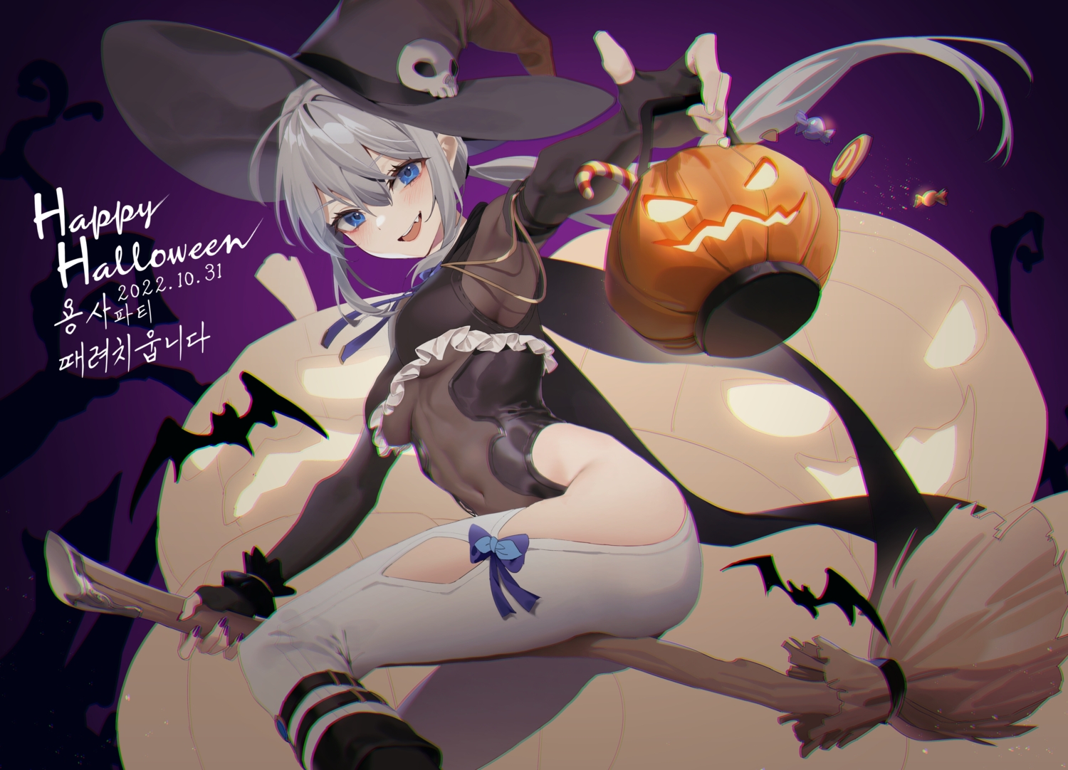 animal, bat, blue_eyes, blush, bow, breasts, candy, elbow_gloves