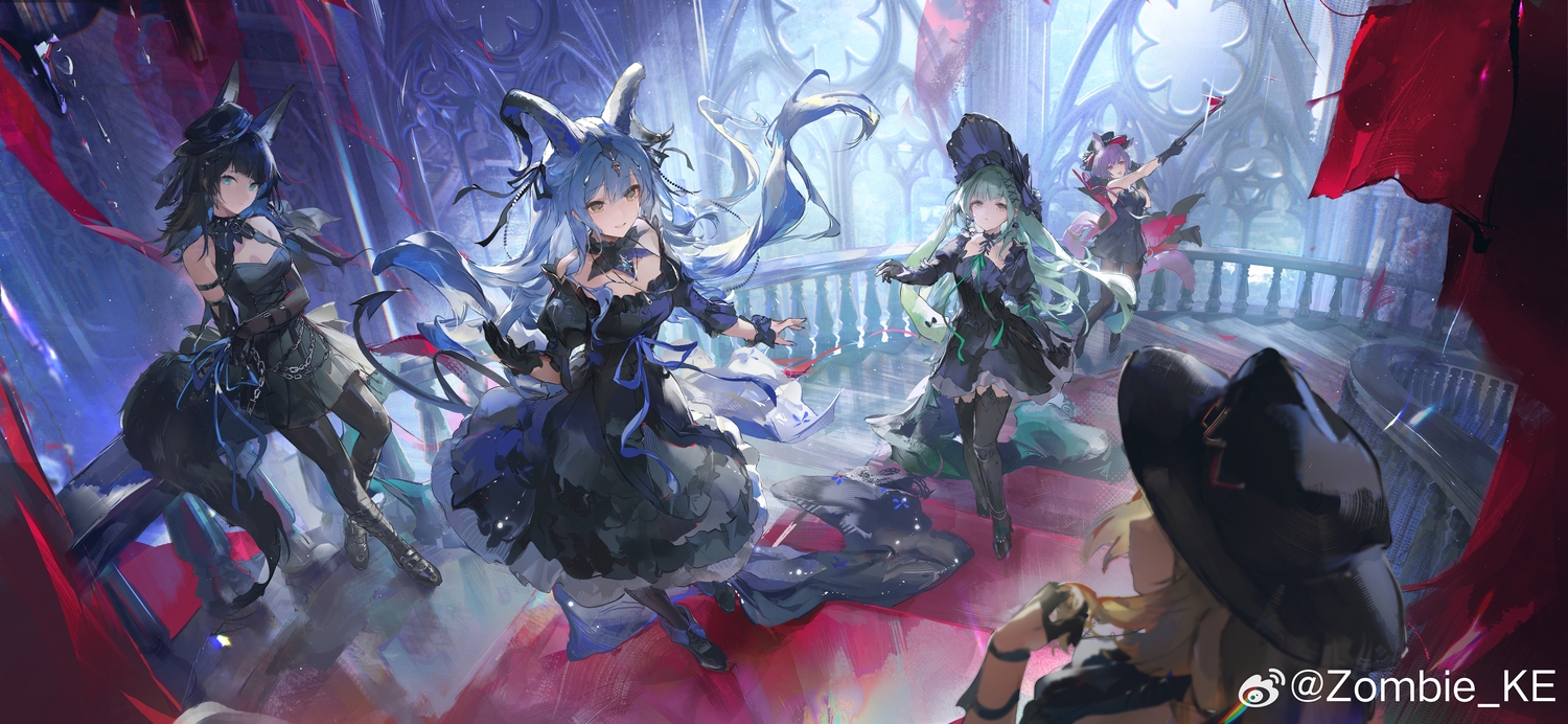 aliasing, animal_ears, aqua_eyes, arknights, bang_dream!, black_hair, blonde_hair, blue_hair
