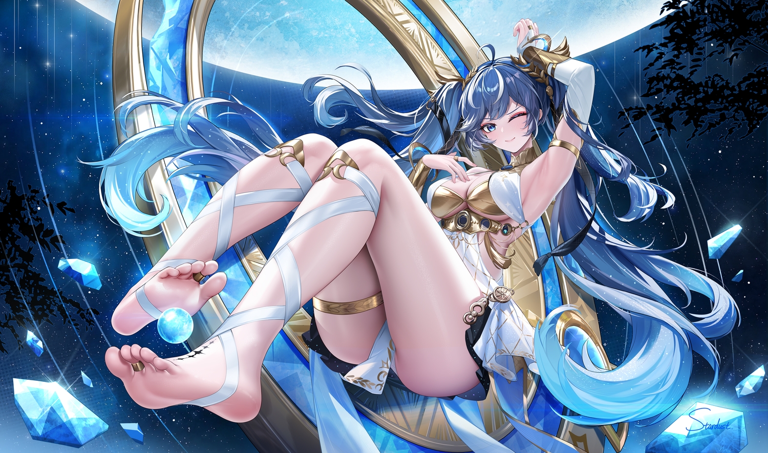 barefoot, bikini_top, blue_eyes, blue_hair, blush, breasts, cleavage, dress