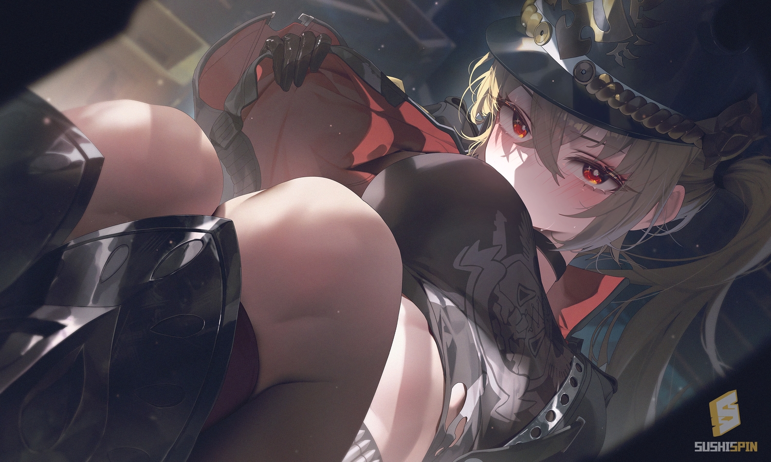 armor, blonde_hair, blush, breasts, choker, close, gloves, hat