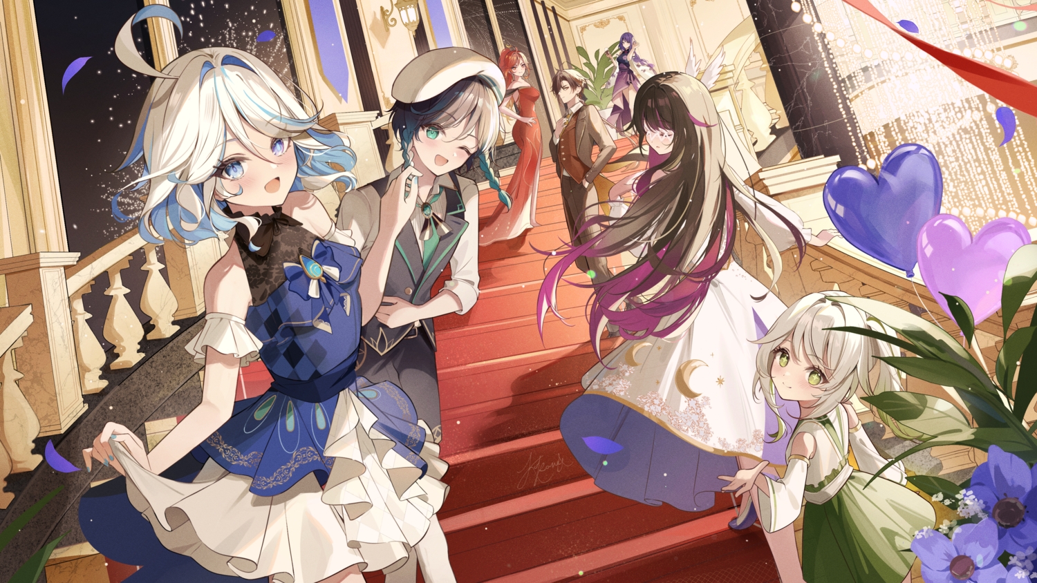 aqua_eyes, bicolored_eyes, black_hair, blue_eyes, blush, braids, brown_eyes, brown_hair