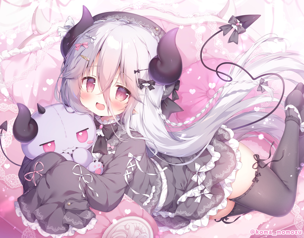 blush, bow, braids, couch, demon, doll, fang, goth-loli