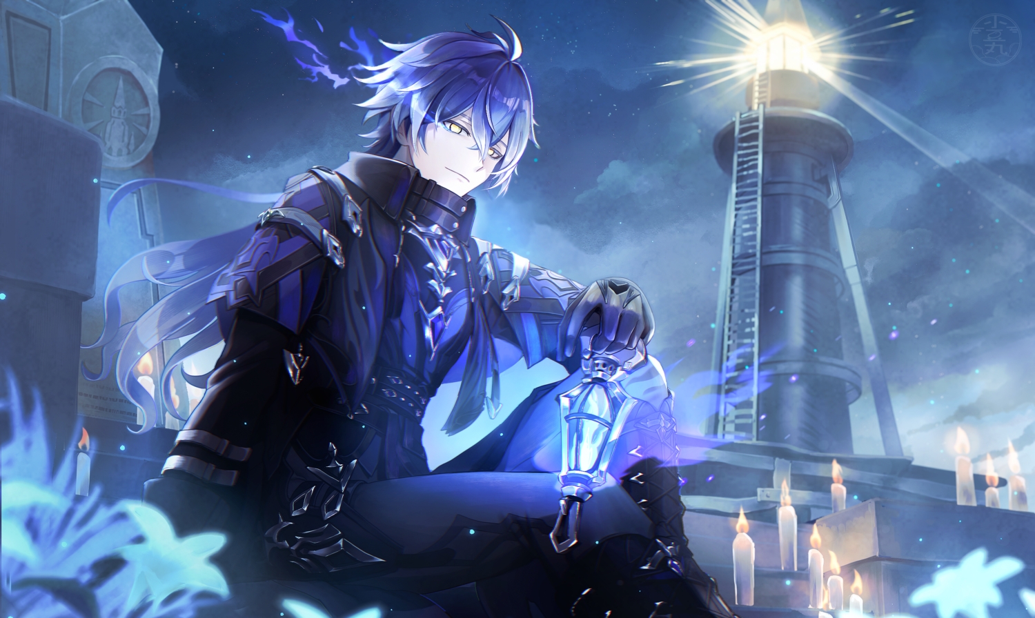 aliasing, all_male, azukimaru, blue, blue_hair, clouds, flins_(genshin_impact), flowers