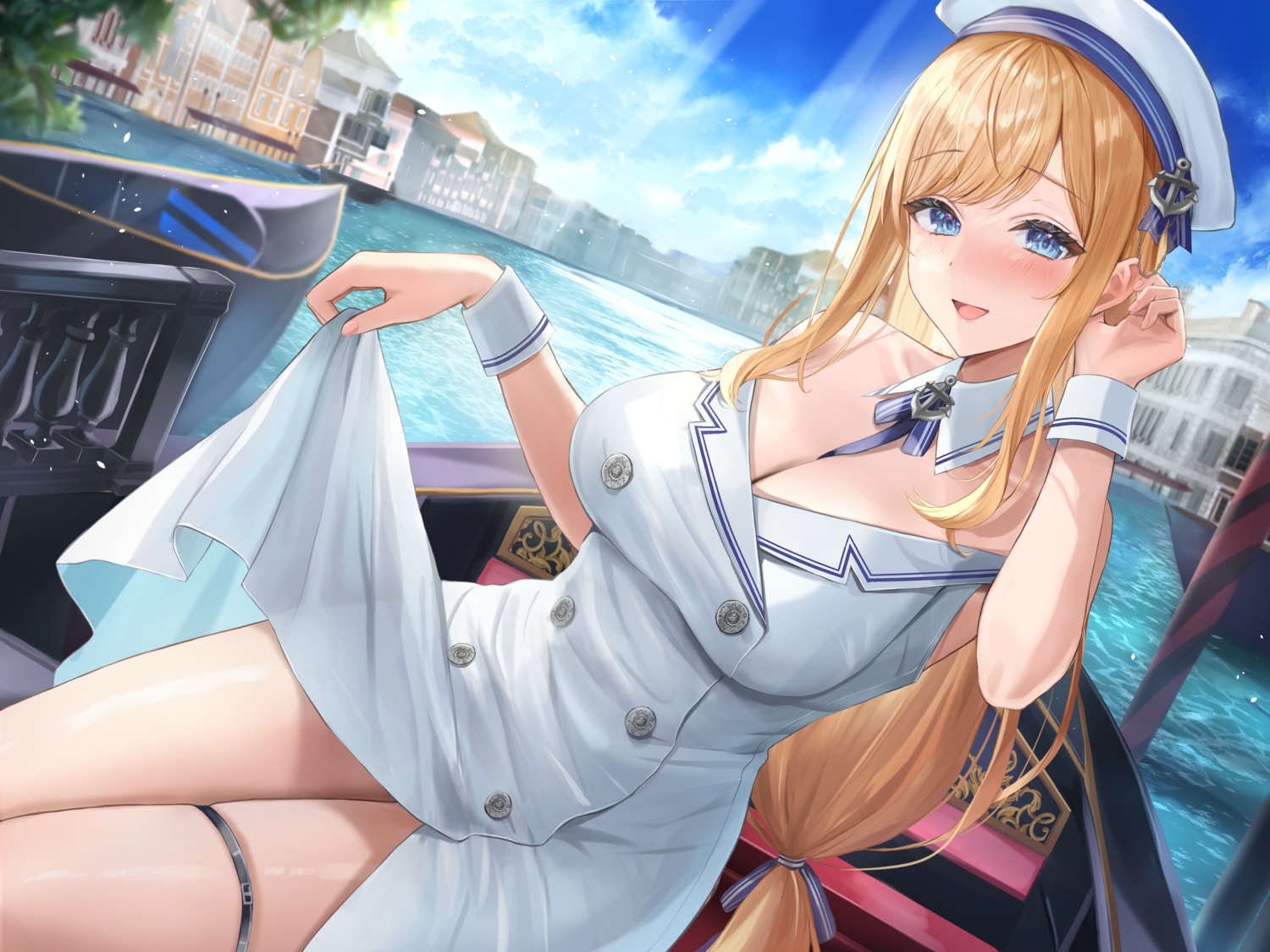 blonde_hair, blue_eyes, breasts, building, cleavage, clouds, garter, hat