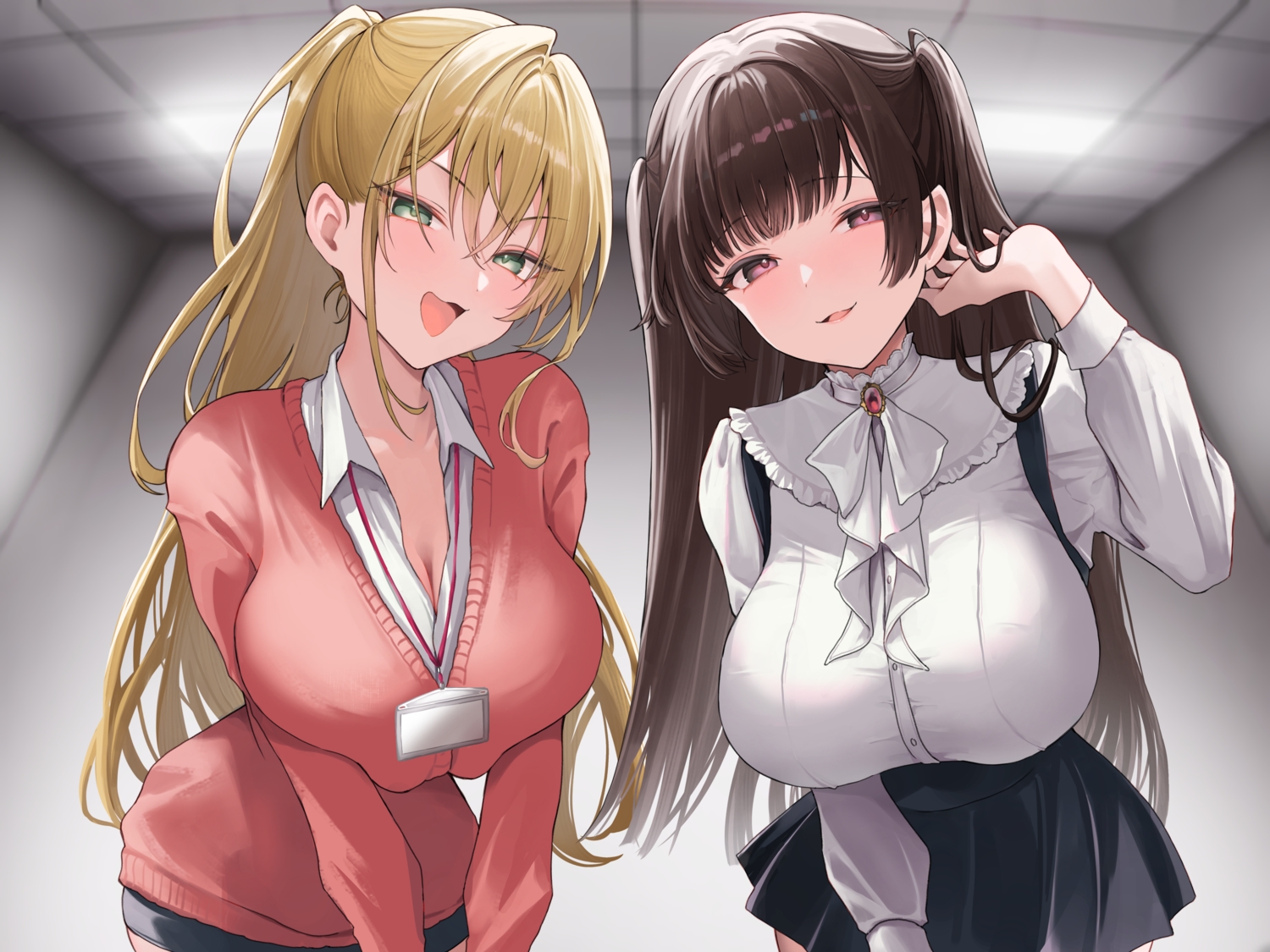 2girls, blonde_hair, blush, breast_hold, breasts, brown_eyes, brown_hair, cleavage, green_eyes, huziko32, long_hair, original