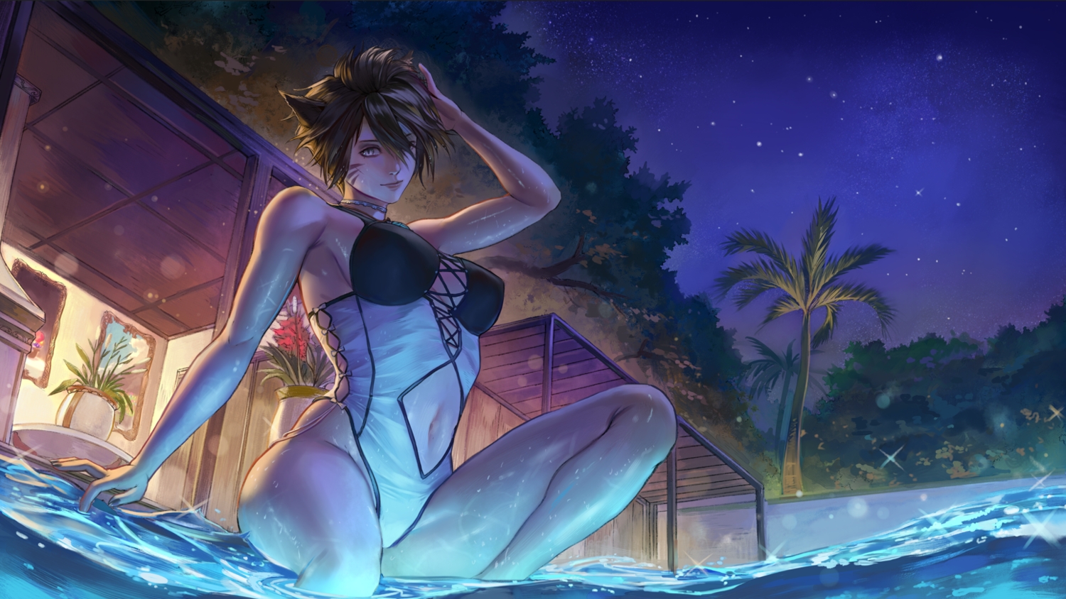animal_ears, breasts, brown_eyes, brown_hair, catgirl, final_fantasy, final_fantasy_xiv, miqo'te, navel, night, seneka_grafika, short_hair, tree, water