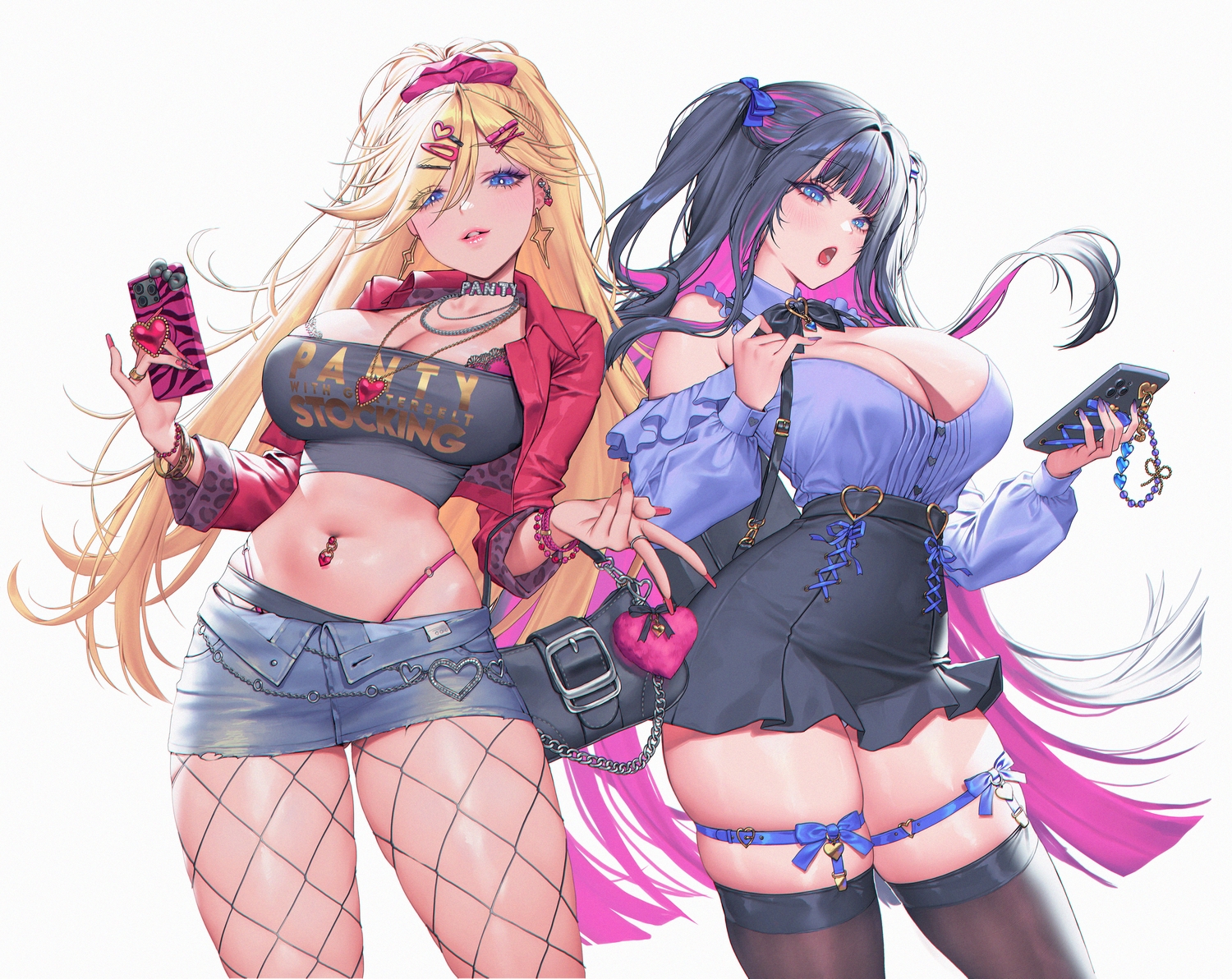 2girls, black_hair, blonde_hair, blue_eyes, blush, bow, breasts, chain