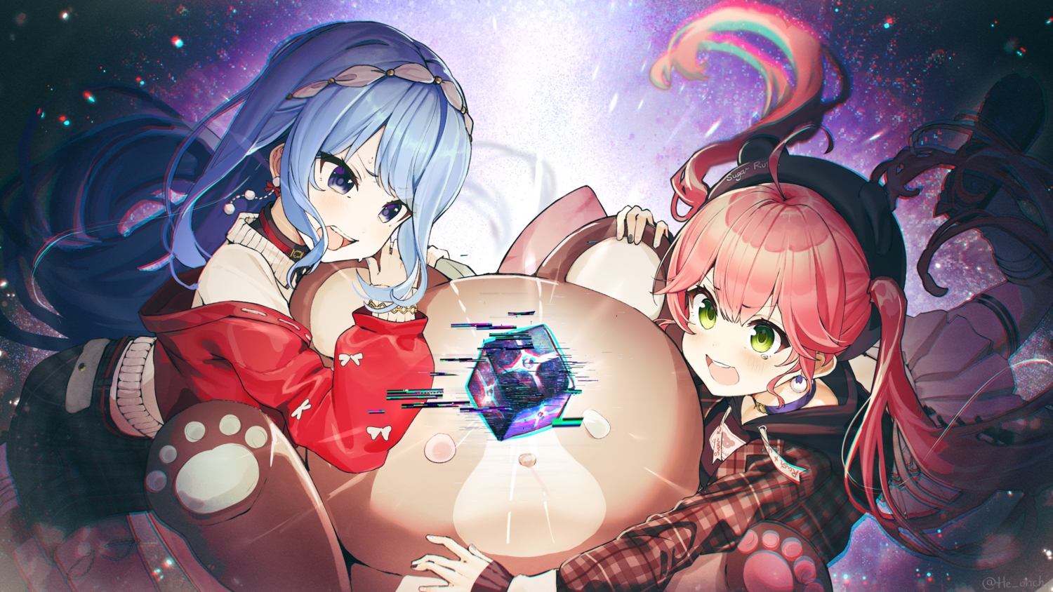 2girls, animal_ears, blue_eyes, blue_hair, blush, choker, garter, green_eyes