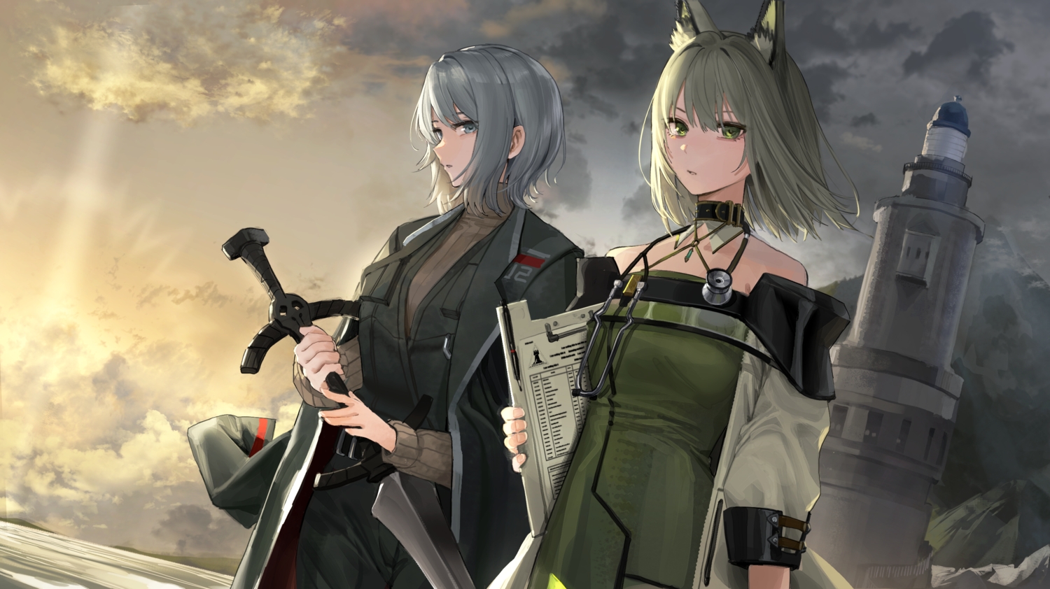 2girls, animal_ears, arknights, cape, catgirl, clouds, collar, crossover, dress, faust_(project_moon), goback, gray_eyes, gray_hair, green_eyes, green_hair, kal'tsit_(arknights), lighthouse, limbus_company, paper, project_moon, short_hair, sky, sword, water, weapon