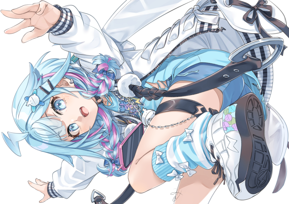 blue_eyes, blue_hair, blush, bow, braids, chain, choker, garter