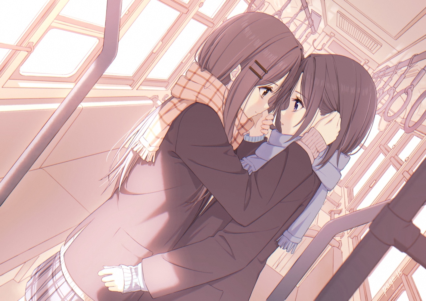 2girls, adachi_sakura, adachi_to_shimamura, aya223, brown, brown_eyes, brown_hair, purple_eyes