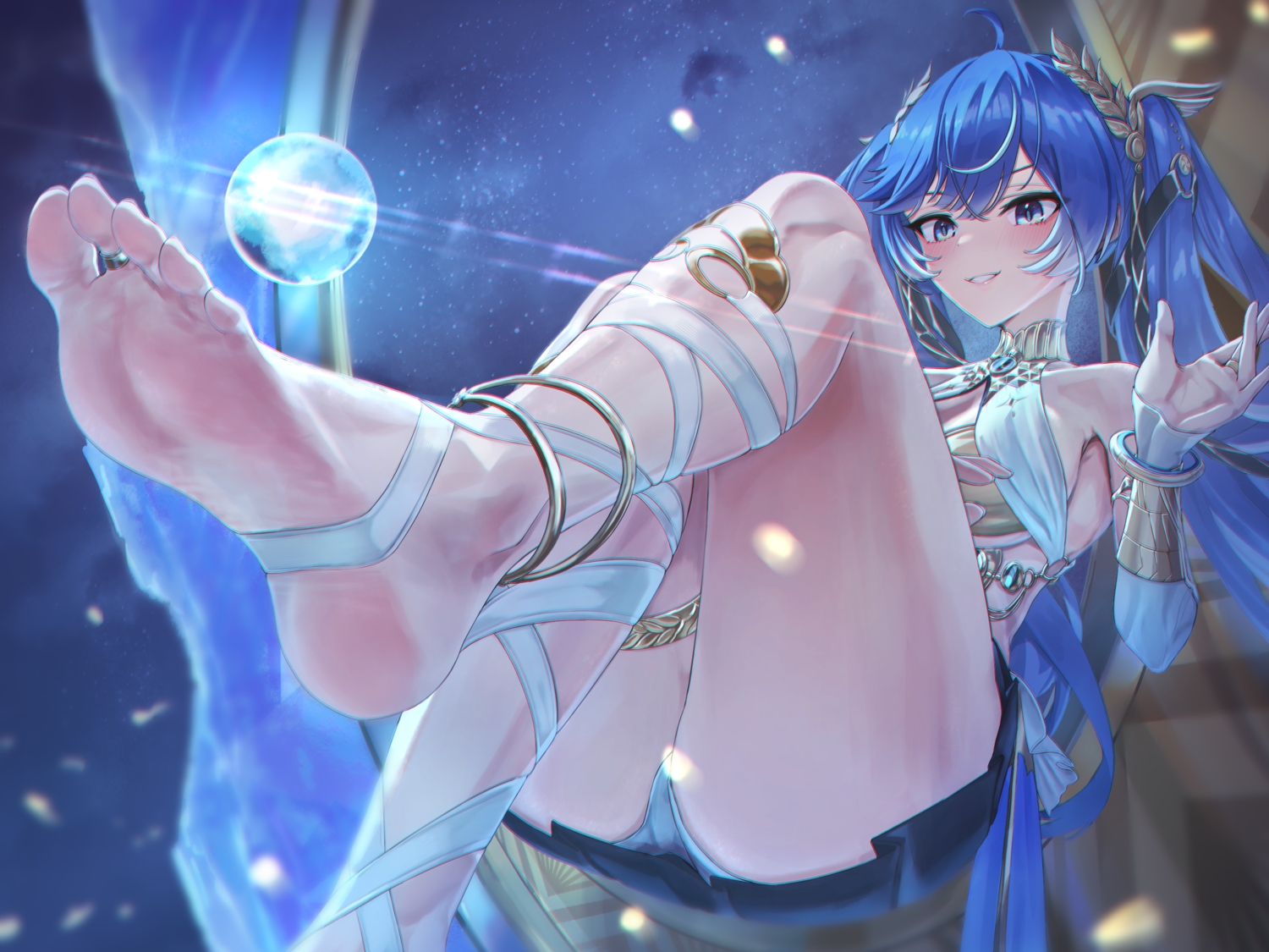 barefoot, blue_eyes, blue_hair, blush, breasts, iuno_(wuthering_waves), long_hair, night