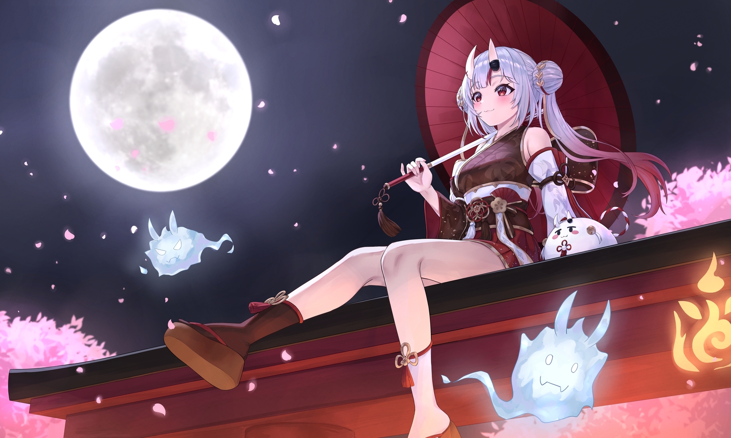 aliasing, blush, cat_smile, cherry_blossoms, demon, flowers, gray_hair, hololive
