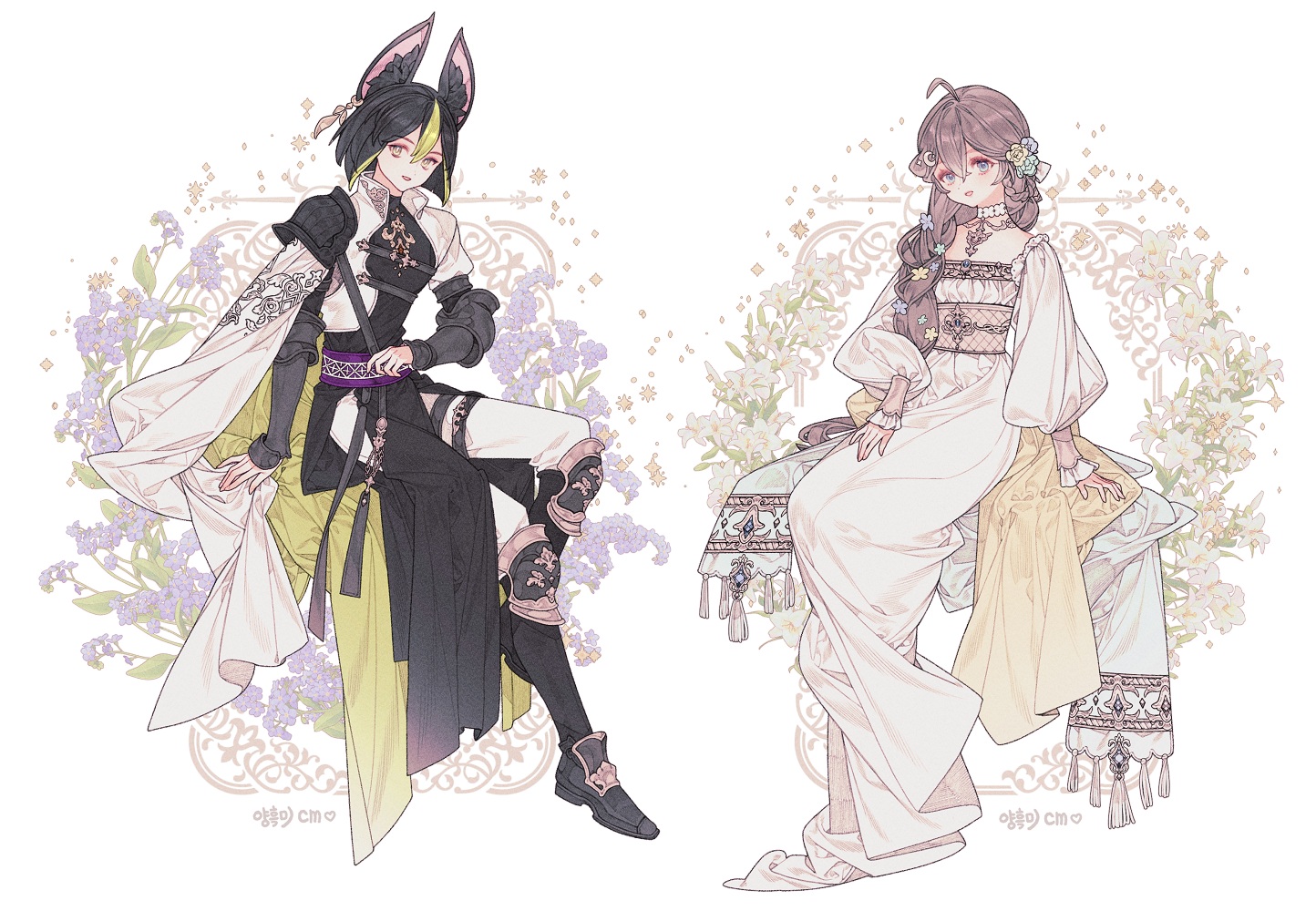 animal_ears, armor, black_hair, blue_eyes, boots, braids, brown_hair, cape