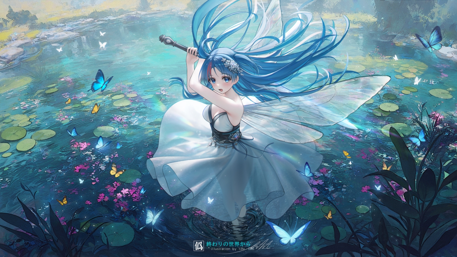 blue_eyes, blue_hair, breasts, butterfly, chtholly_nota_seniorious, cleavage, corset, dress