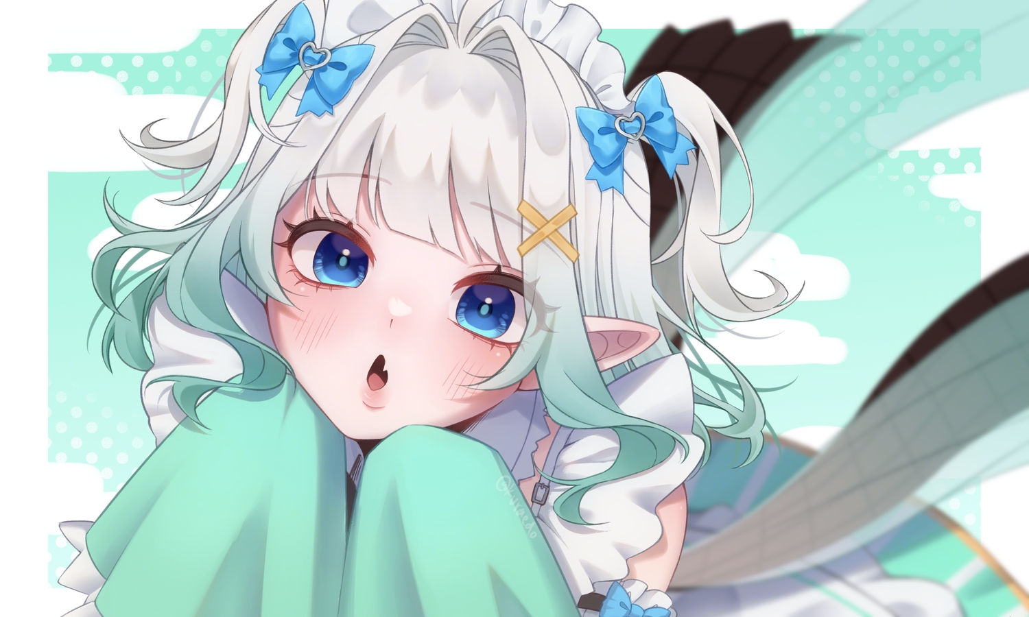 apron, blue_eyes, blush, bow, close, dress, fang, gray_hair, headdress, indie_virtual_youtuber, kuraedo, maid, mint_fantome, pointed_ears, short_hair, signed