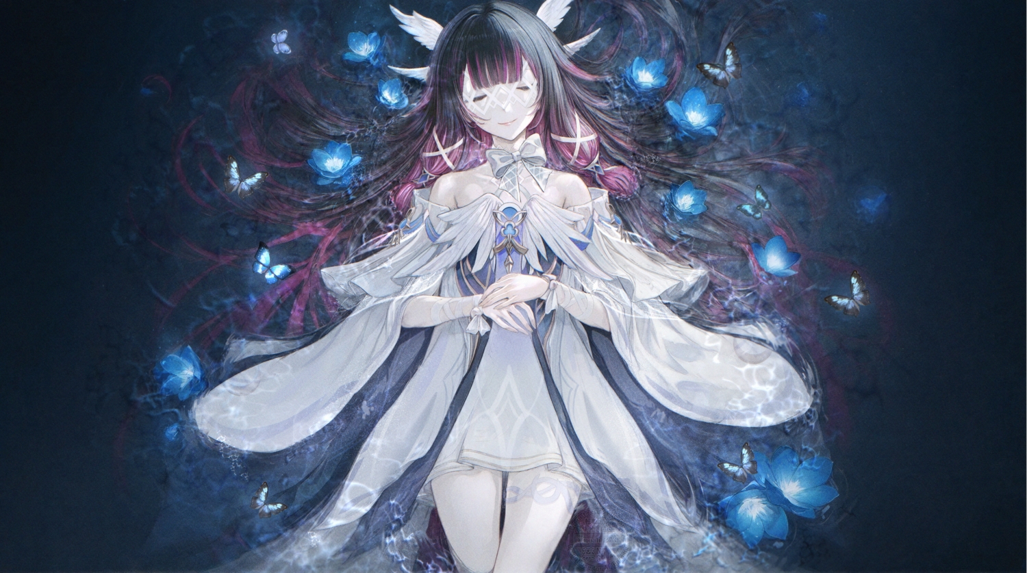 black_hair, bow, butterfly, columbina_(genshin_impact), dress, flowers, garter, genshin_impact