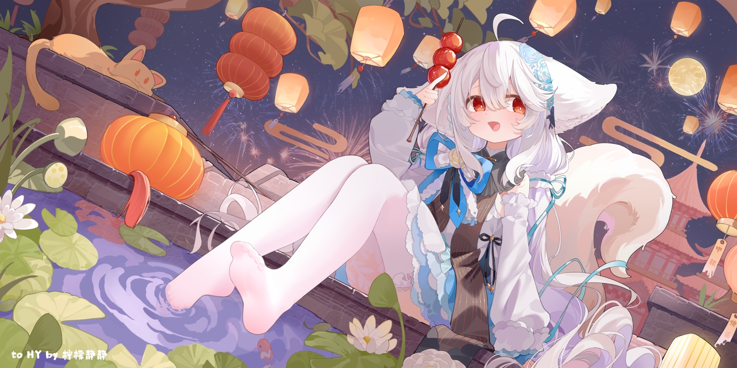 animal, animal_ears, bow, building, candy, cat, dress, festival